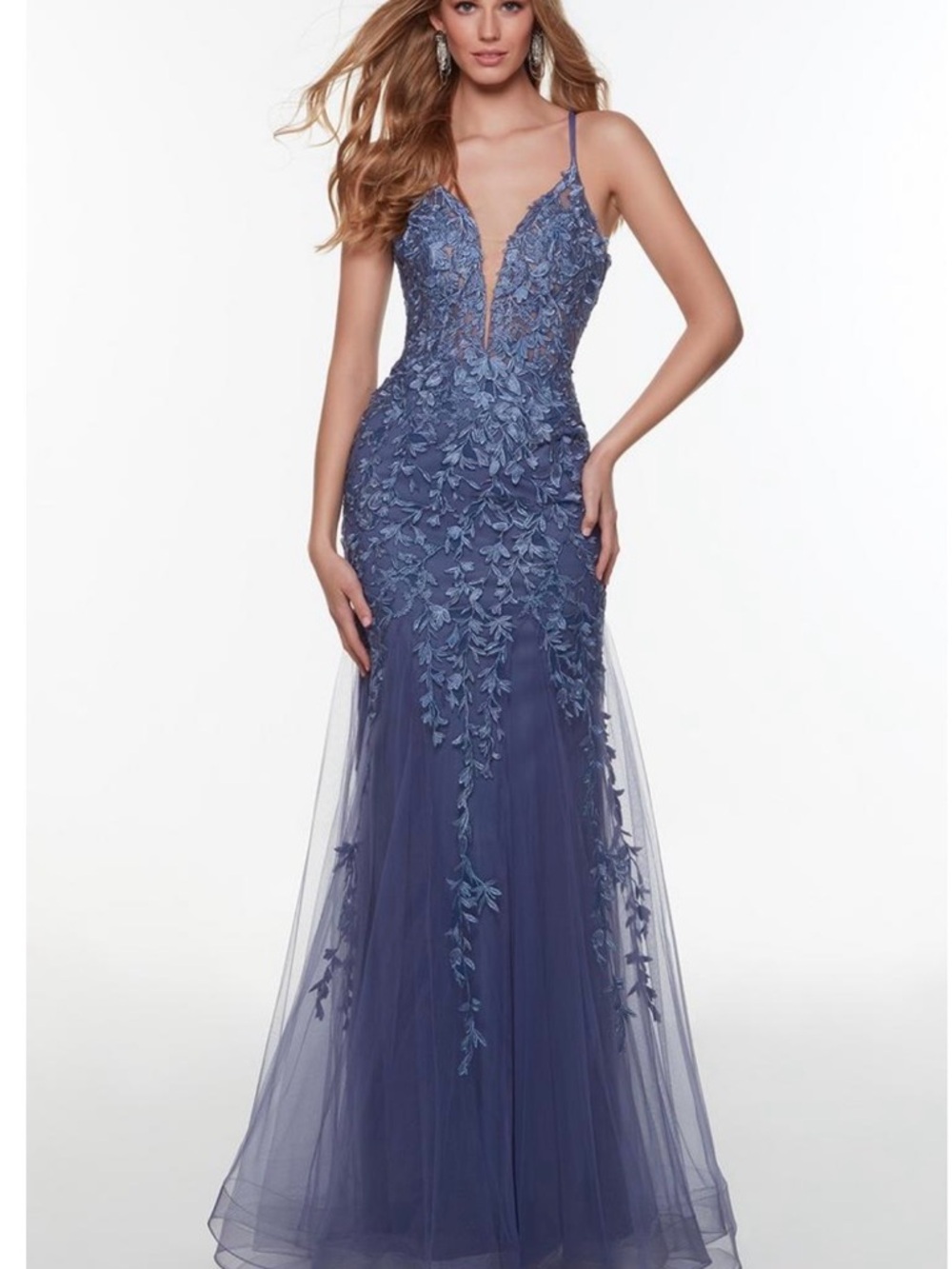 Plunging V-Neck Lace Applique Prom Gown in Dusty Blue